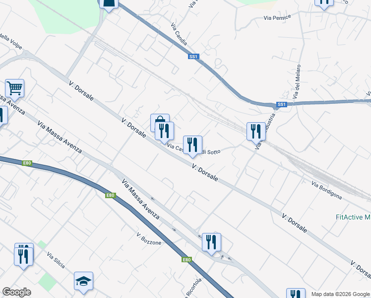 map of restaurants, bars, coffee shops, grocery stores, and more near 38 Via Casellotto di Sotto in Massa