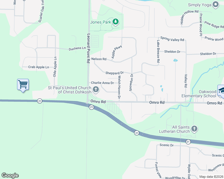 map of restaurants, bars, coffee shops, grocery stores, and more near 3452 Milford Drive in Oshkosh