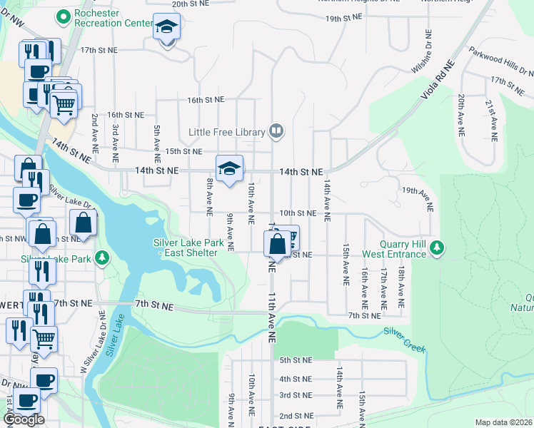 map of restaurants, bars, coffee shops, grocery stores, and more near 942 10th Avenue Northeast in Rochester