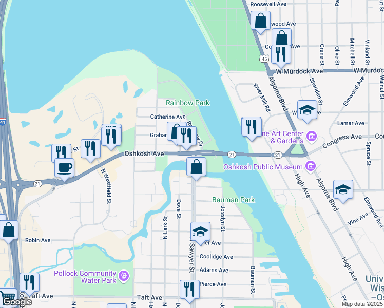 map of restaurants, bars, coffee shops, grocery stores, and more near 1203 North Sawyer Street in Oshkosh