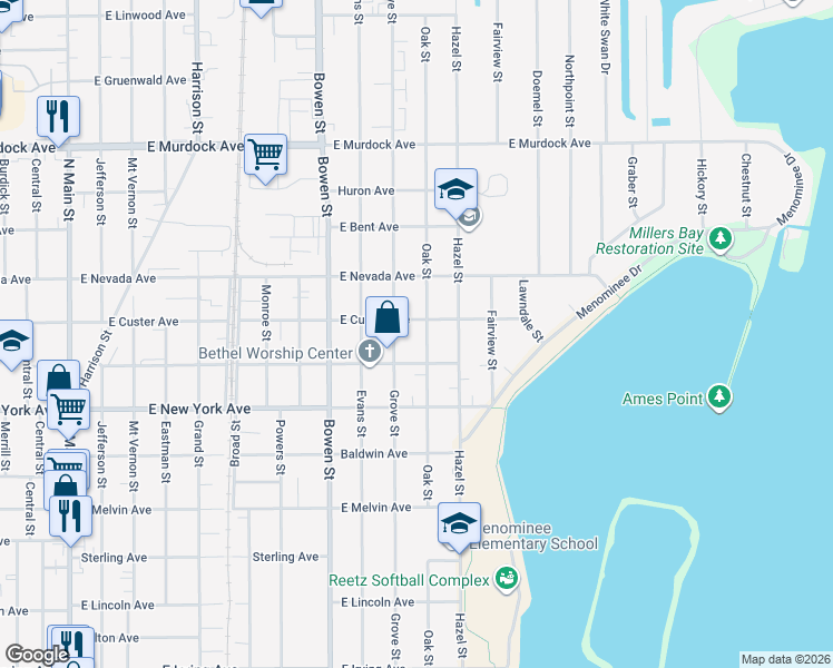 map of restaurants, bars, coffee shops, grocery stores, and more near 1313 Oak Street in Oshkosh