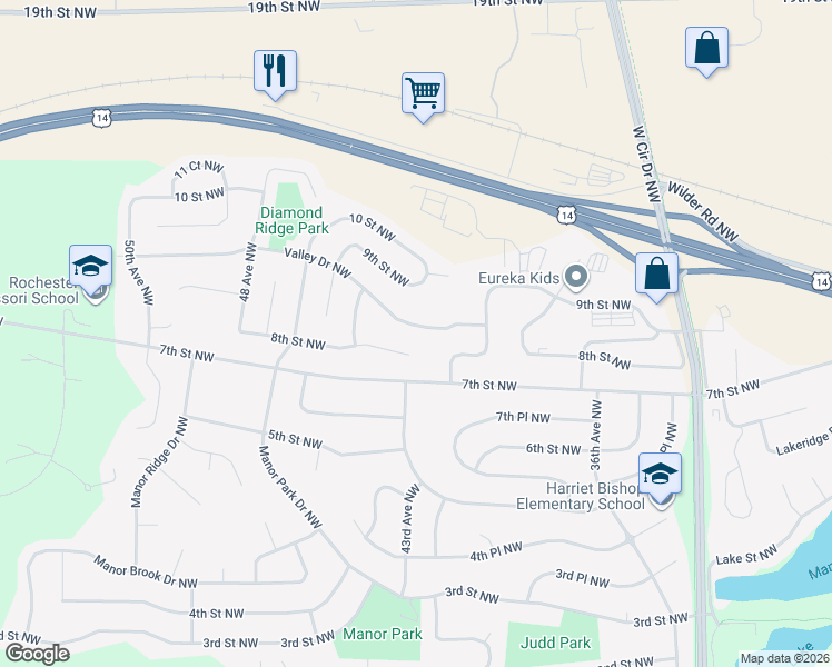 map of restaurants, bars, coffee shops, grocery stores, and more near 4211 8th Street Northwest in Rochester