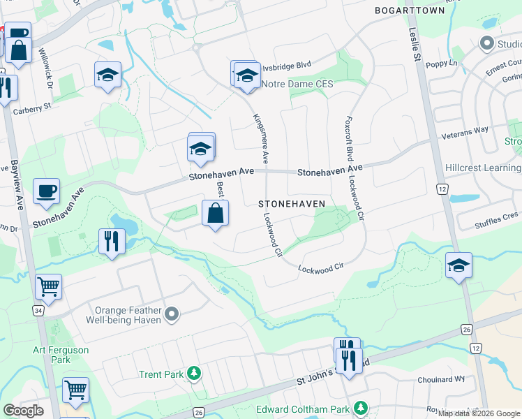 map of restaurants, bars, coffee shops, grocery stores, and more near 842 Lockwood Circle in Newmarket