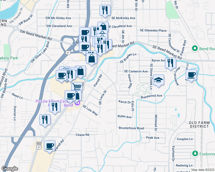 map of restaurants, bars, coffee shops, grocery stores, and more near 61523 Brosterhous Road in Bend
