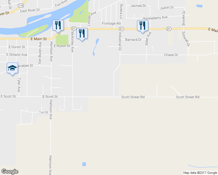 map of restaurants, bars, coffee shops, grocery stores, and more near 707 Industrial Drive in Omro