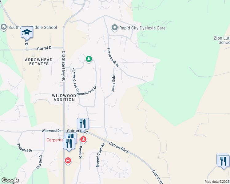 map of restaurants, bars, coffee shops, grocery stores, and more near 2734 Jenny Gulch in Rapid City