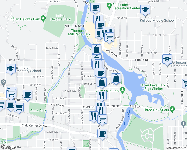 map of restaurants, bars, coffee shops, grocery stores, and more near 19 11th Street Northwest in Rochester