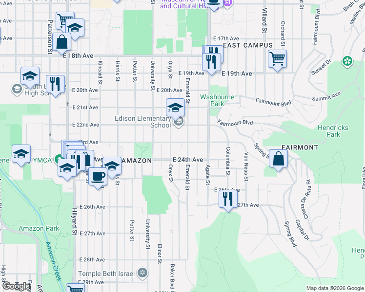 map of restaurants, bars, coffee shops, grocery stores, and more near 2354 Emerald Street in Eugene