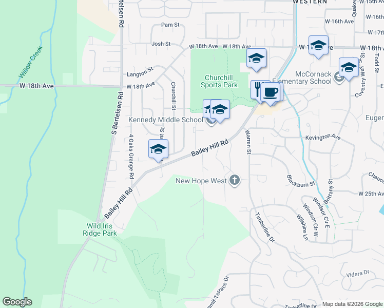 map of restaurants, bars, coffee shops, grocery stores, and more near 2200 Bailey Hill Road in Eugene