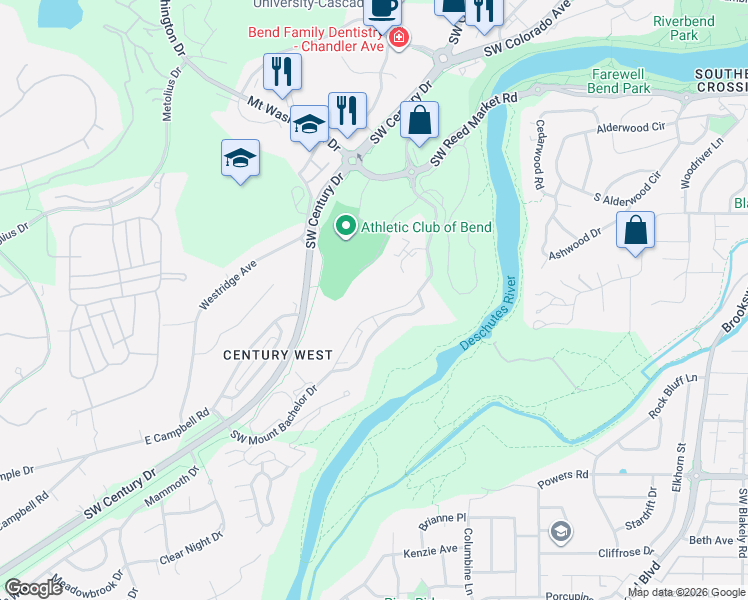 map of restaurants, bars, coffee shops, grocery stores, and more near 19717 Southwest Mount Bachelor Drive in Bend
