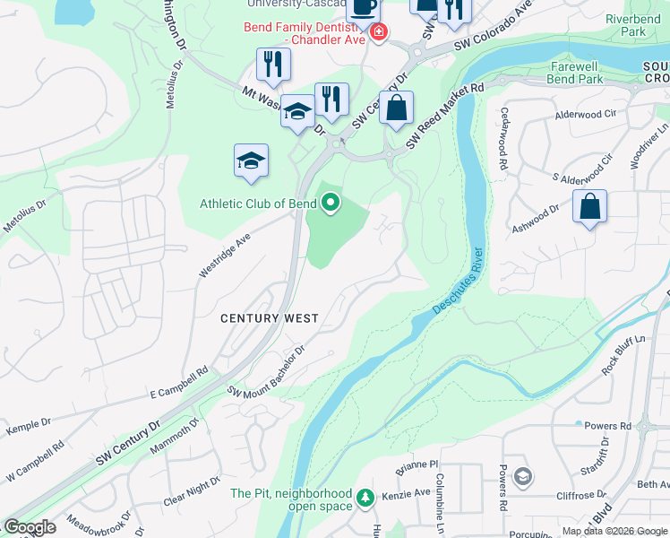 map of restaurants, bars, coffee shops, grocery stores, and more near 19717 Southwest Mount Bachelor Drive in Bend
