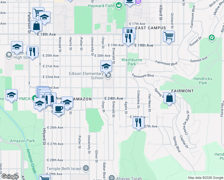 map of restaurants, bars, coffee shops, grocery stores, and more near 2354 Emerald Street in Eugene