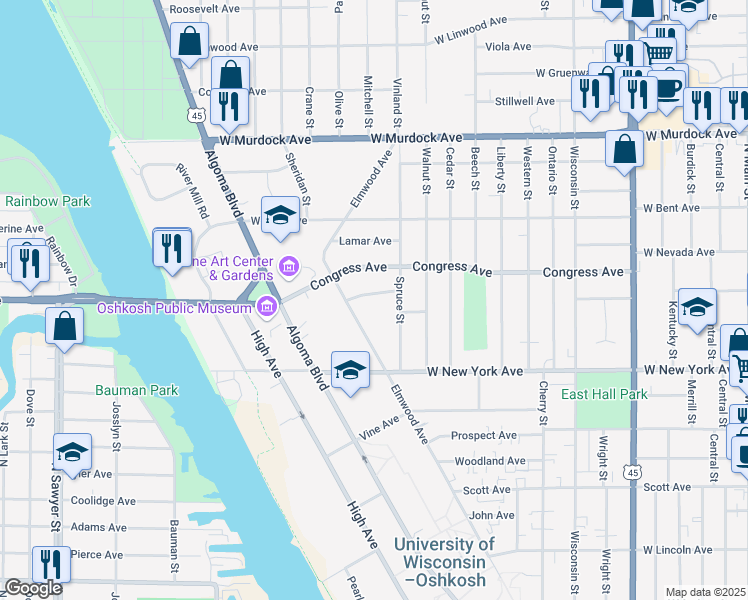 map of restaurants, bars, coffee shops, grocery stores, and more near 1262 Elmwood Avenue in Oshkosh