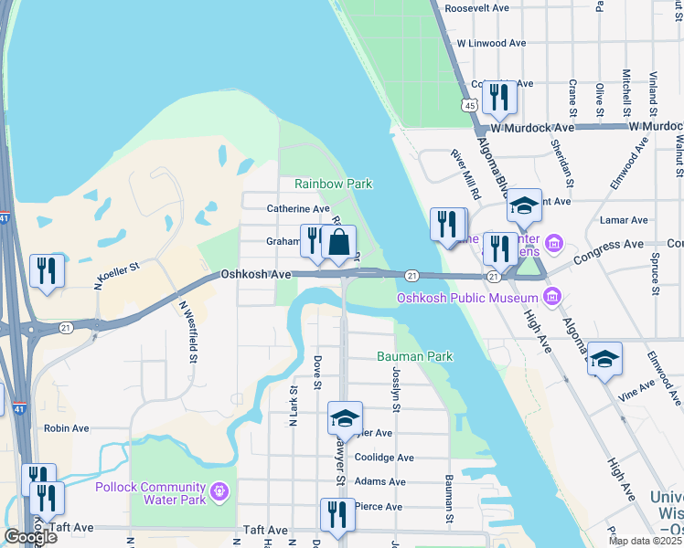 map of restaurants, bars, coffee shops, grocery stores, and more near 1203 North Sawyer Street in Oshkosh