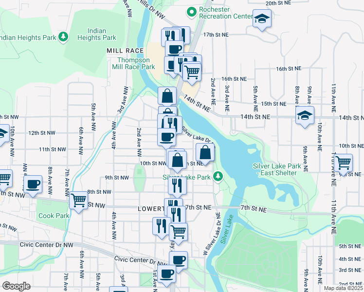 map of restaurants, bars, coffee shops, grocery stores, and more near 34 11th Street Northeast in Rochester