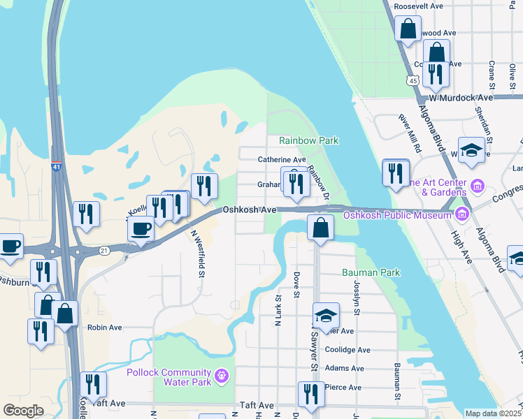 map of restaurants, bars, coffee shops, grocery stores, and more near 1536 Oshkosh Avenue in Oshkosh