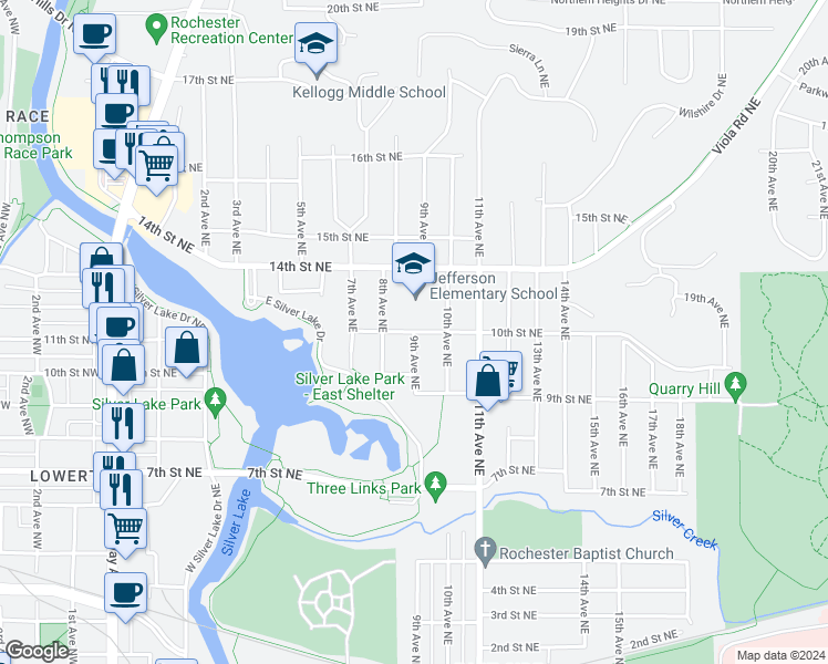 map of restaurants, bars, coffee shops, grocery stores, and more near 998 9th Avenue Northeast in Rochester