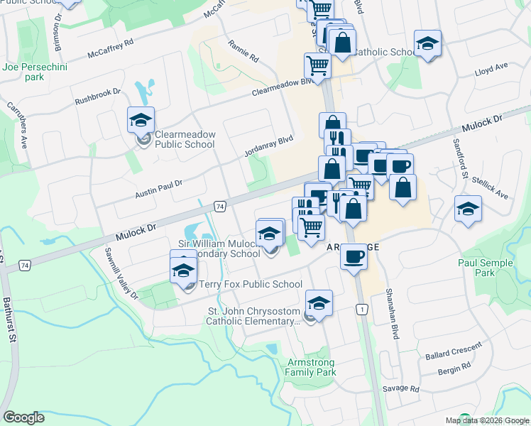 map of restaurants, bars, coffee shops, grocery stores, and more near 239 Banbrooke Crescent in Newmarket