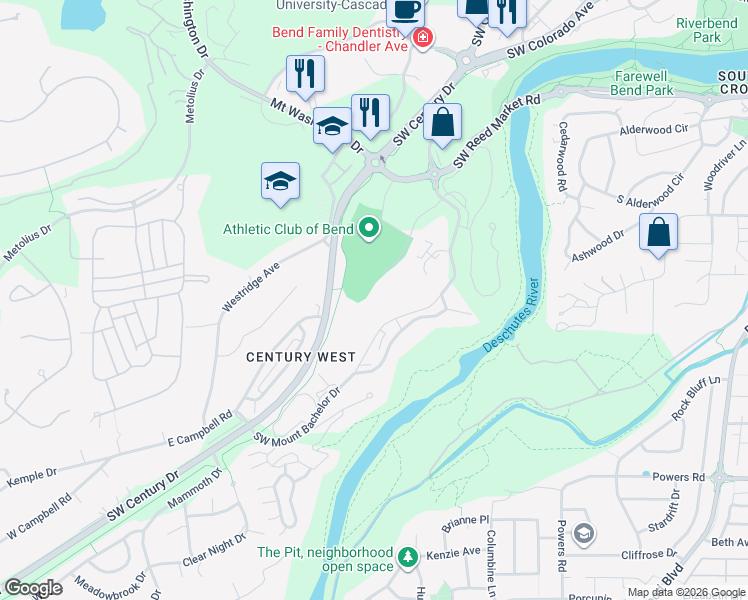 map of restaurants, bars, coffee shops, grocery stores, and more near 19717 Southwest Mount Bachelor Drive in Bend