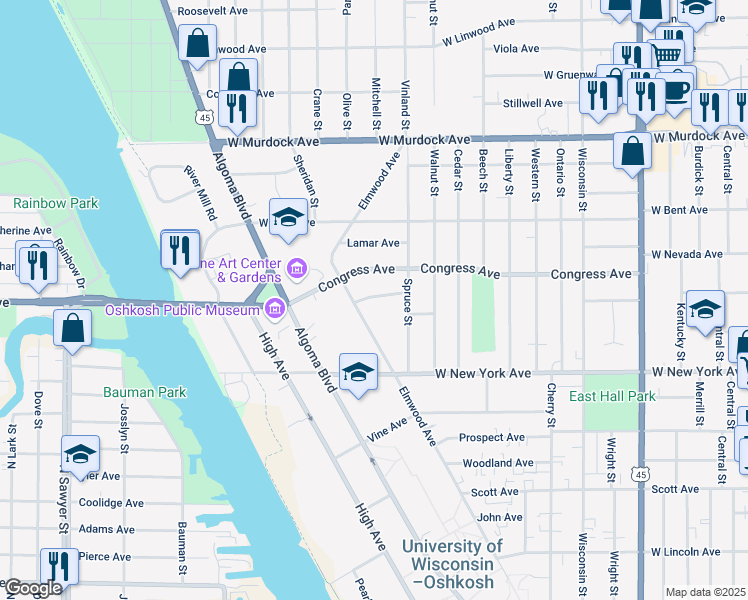 map of restaurants, bars, coffee shops, grocery stores, and more near 1337A Reed Avenue in Oshkosh