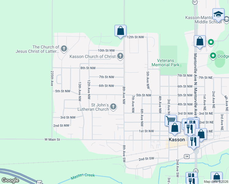 map of restaurants, bars, coffee shops, grocery stores, and more near 408 9th Avenue Circle Northwest in Kasson
