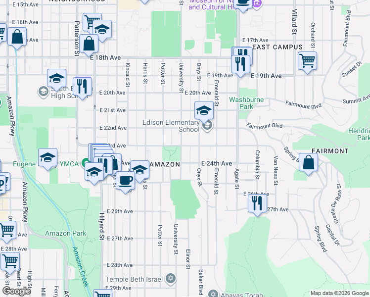 map of restaurants, bars, coffee shops, grocery stores, and more near 2300 University Street in Eugene