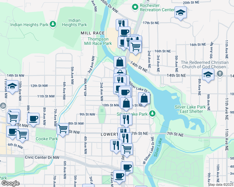 map of restaurants, bars, coffee shops, grocery stores, and more near 32 11th Street Northwest in Rochester