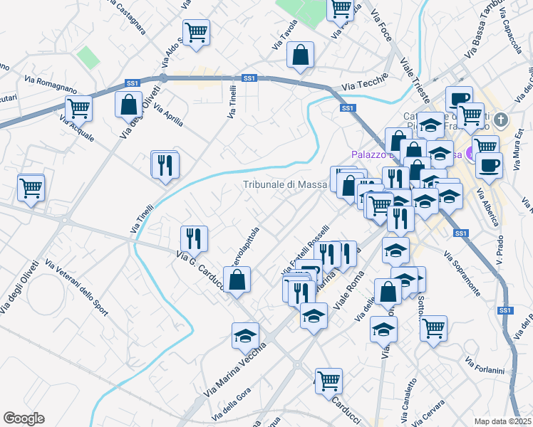 map of restaurants, bars, coffee shops, grocery stores, and more near 22a Via Cervolapittola in Massa