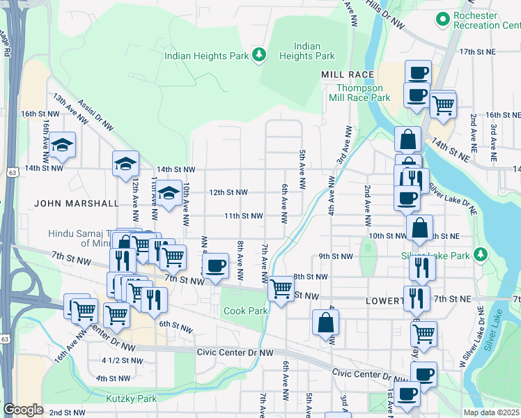 map of restaurants, bars, coffee shops, grocery stores, and more near 1107 7th Avenue Northwest in Rochester