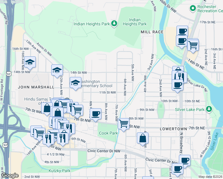 map of restaurants, bars, coffee shops, grocery stores, and more near 1026 8th Avenue Northwest in Rochester