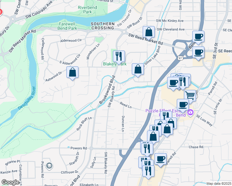 map of restaurants, bars, coffee shops, grocery stores, and more near 1333 Southwest Boardwalk Lane in Bend
