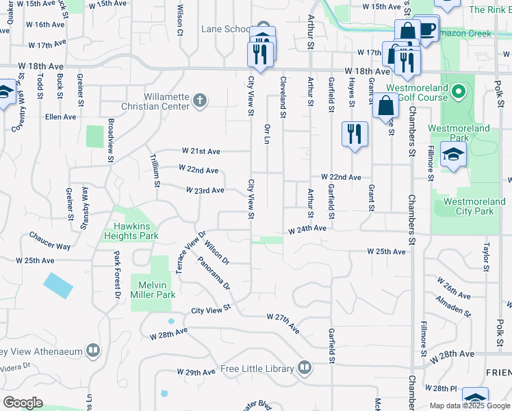 map of restaurants, bars, coffee shops, grocery stores, and more near 2351 City View Street in Eugene
