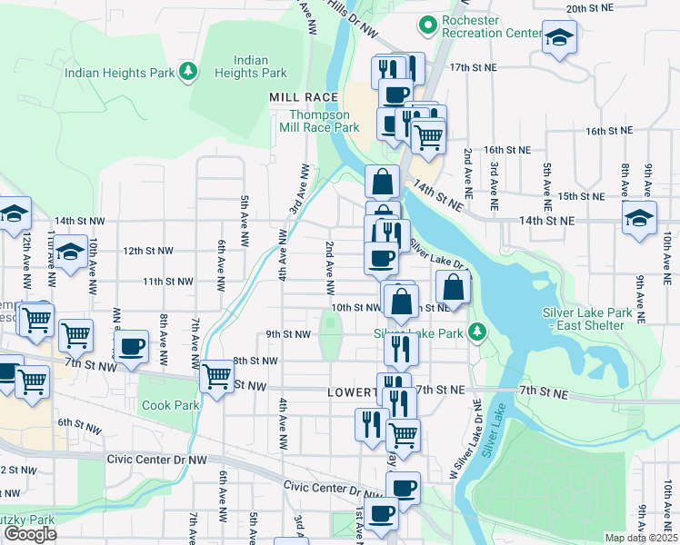 map of restaurants, bars, coffee shops, grocery stores, and more near 1019 2nd Avenue Northwest in Rochester