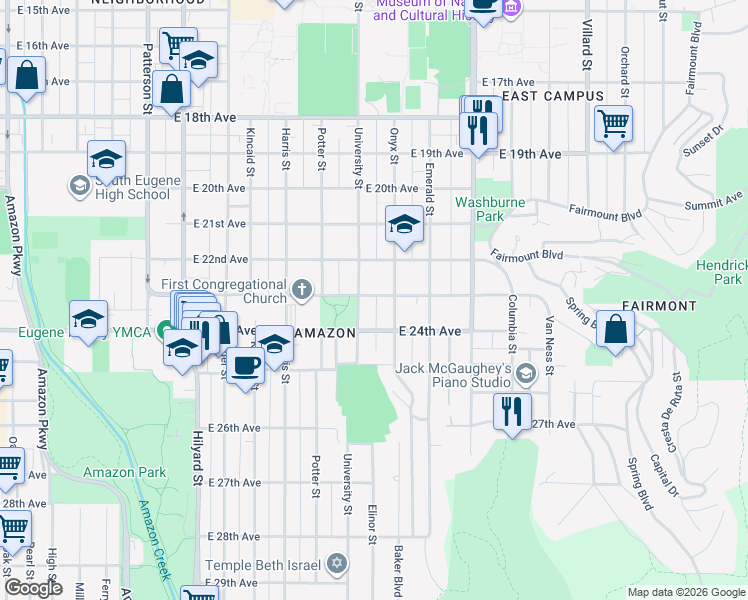 map of restaurants, bars, coffee shops, grocery stores, and more near 1242 East 23rd Avenue in Eugene