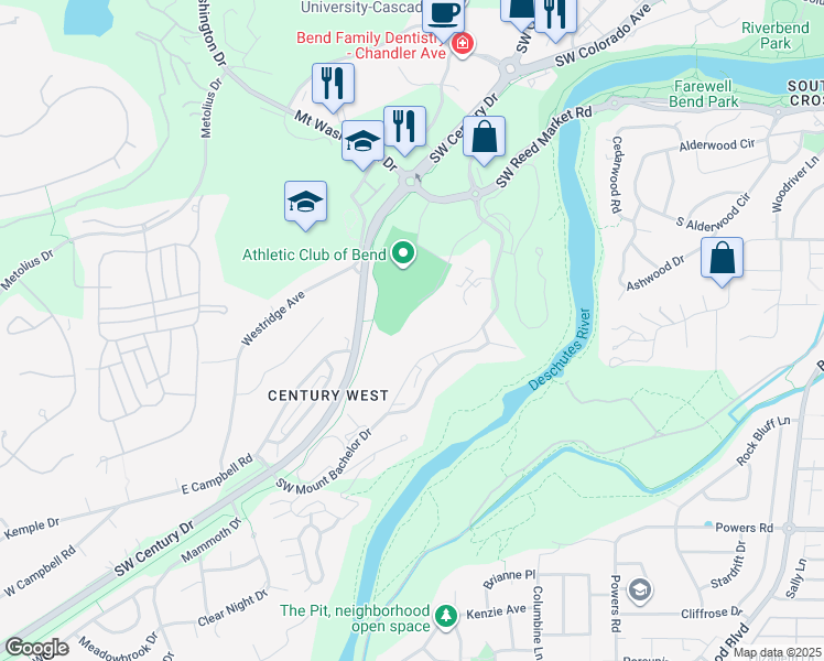 map of restaurants, bars, coffee shops, grocery stores, and more near 19717 Southwest Mount Bachelor Drive in Bend