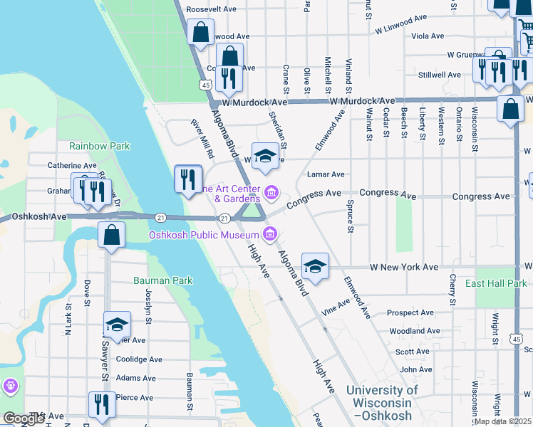 map of restaurants, bars, coffee shops, grocery stores, and more near 1410 Algoma Boulevard in Oshkosh