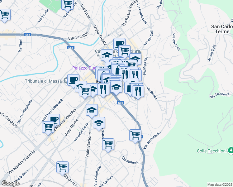 map of restaurants, bars, coffee shops, grocery stores, and more near 23 Via Democrazia in Massa