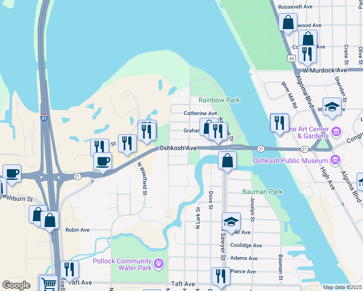 map of restaurants, bars, coffee shops, grocery stores, and more near 1514 Oshkosh Avenue in Oshkosh