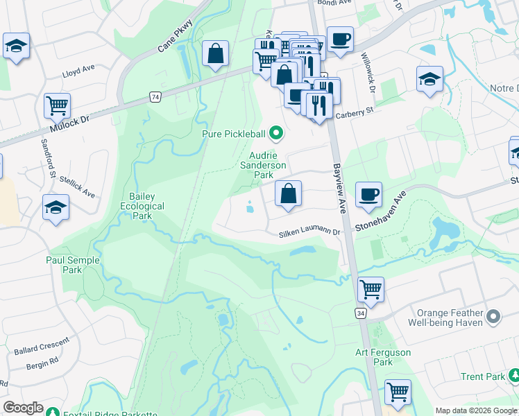 map of restaurants, bars, coffee shops, grocery stores, and more near 644 McBean Avenue in Newmarket