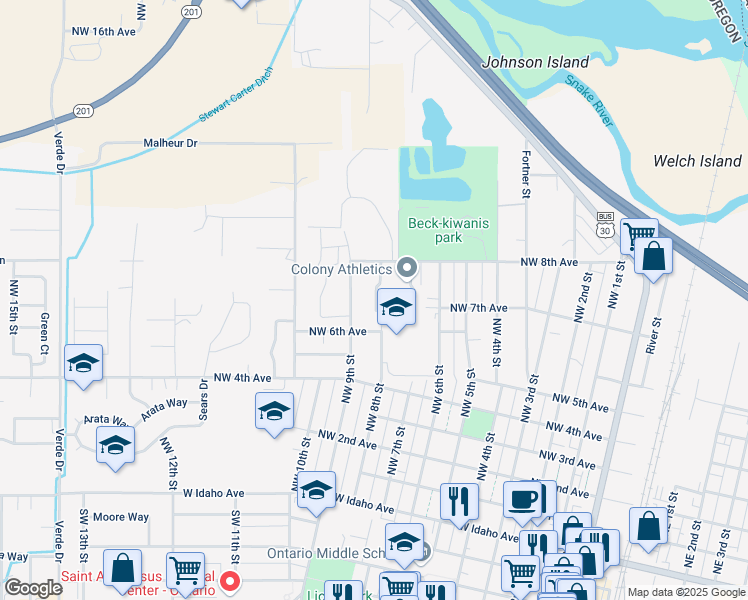 map of restaurants, bars, coffee shops, grocery stores, and more near 759 Northwest 8th Street in Ontario
