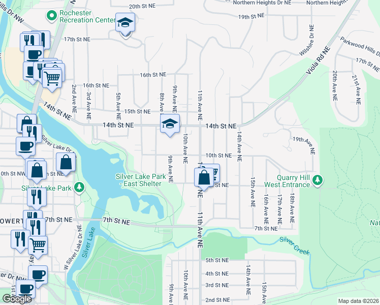 map of restaurants, bars, coffee shops, grocery stores, and more near 942 10th Avenue Northeast in Rochester