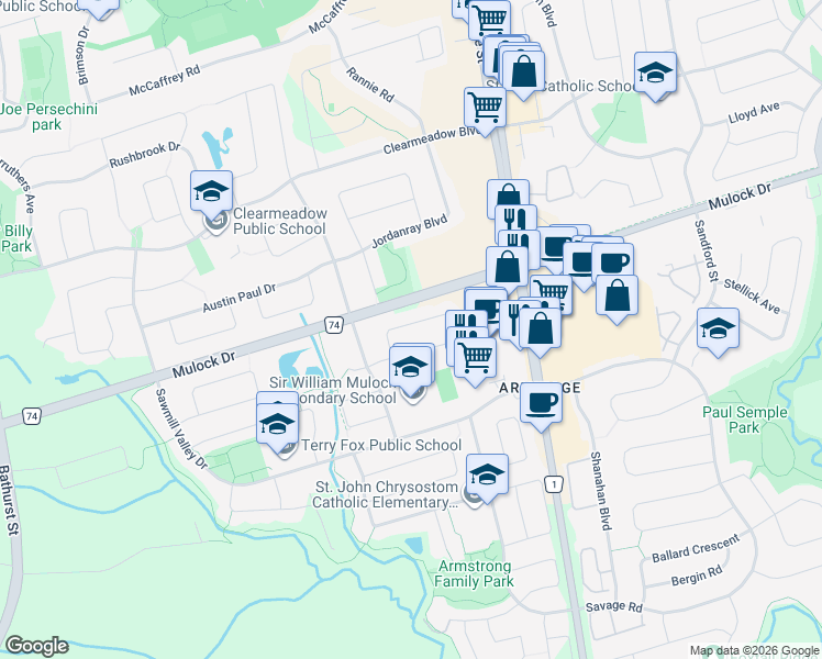 map of restaurants, bars, coffee shops, grocery stores, and more near 231 Banbrooke Crescent in Newmarket