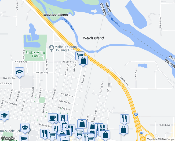 map of restaurants, bars, coffee shops, grocery stores, and more near 734 River Street in Ontario