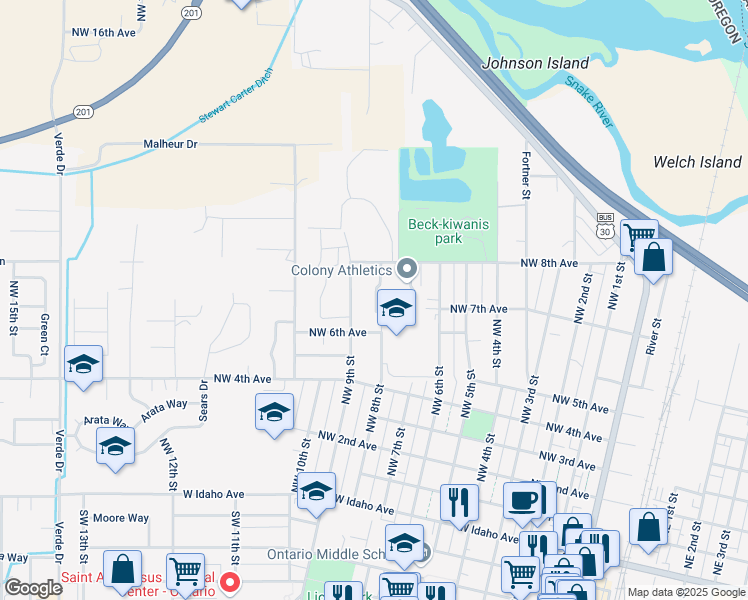 map of restaurants, bars, coffee shops, grocery stores, and more near 759 Northwest 8th Street in Ontario