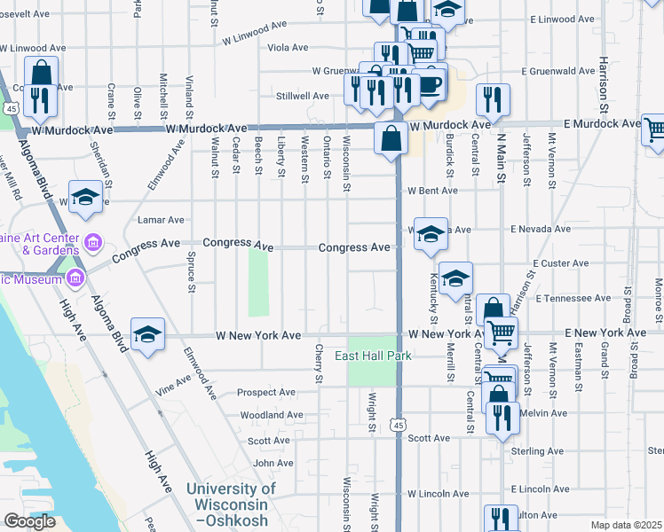 map of restaurants, bars, coffee shops, grocery stores, and more near 1327 Ontario Street in Oshkosh