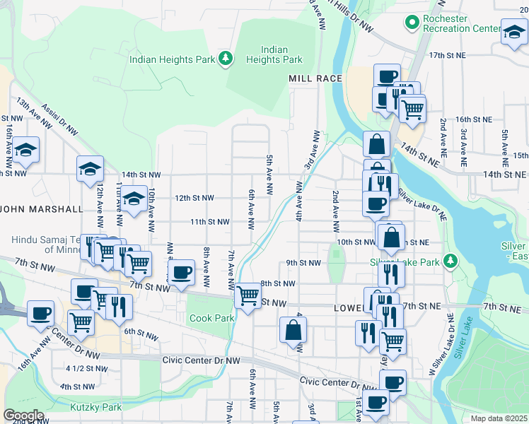 map of restaurants, bars, coffee shops, grocery stores, and more near 508 11th Street Northwest in Rochester