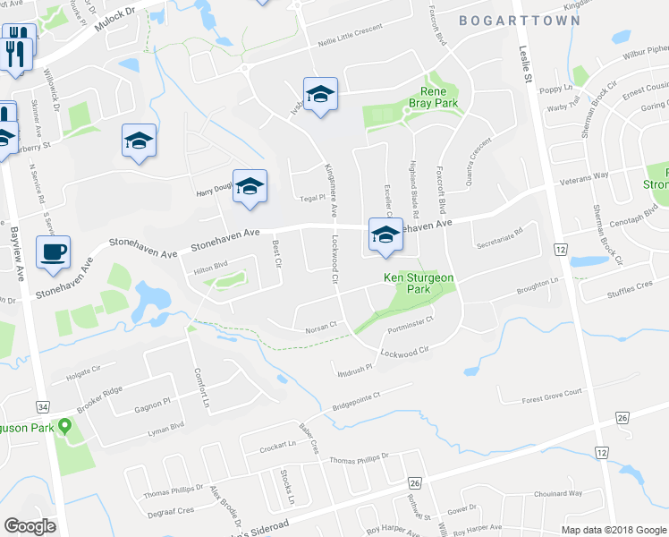 map of restaurants, bars, coffee shops, grocery stores, and more near 842 Lockwood Cir in Newmarket