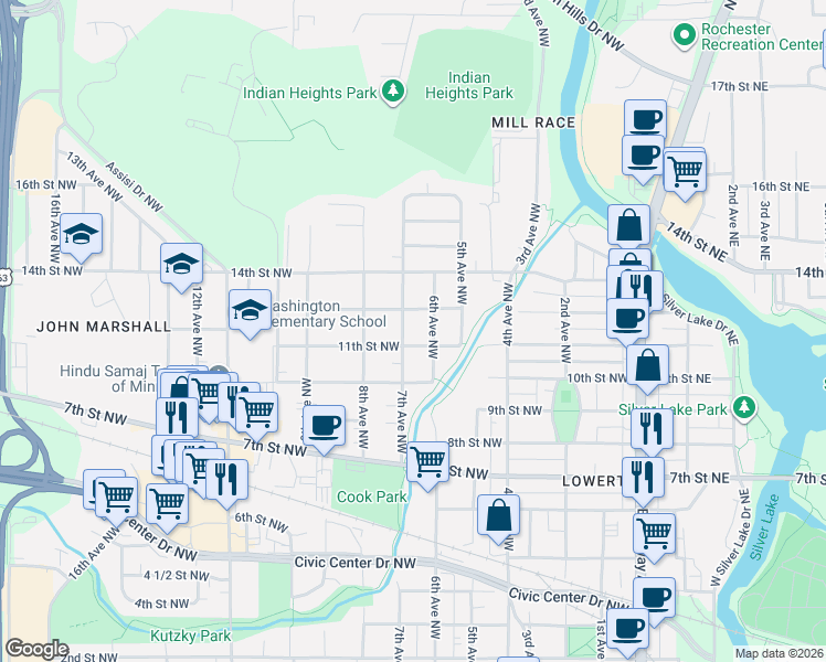 map of restaurants, bars, coffee shops, grocery stores, and more near 1024 7th Avenue Northwest in Rochester