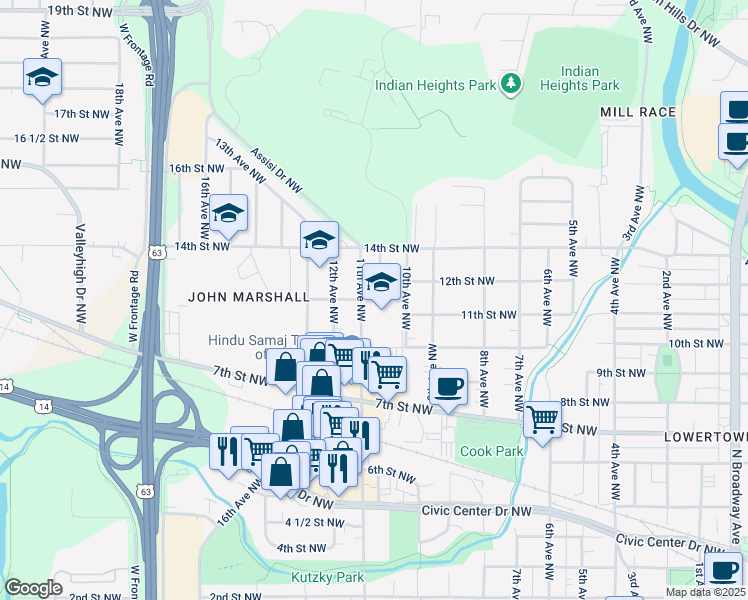map of restaurants, bars, coffee shops, grocery stores, and more near 1200 11th Avenue Northwest in Rochester