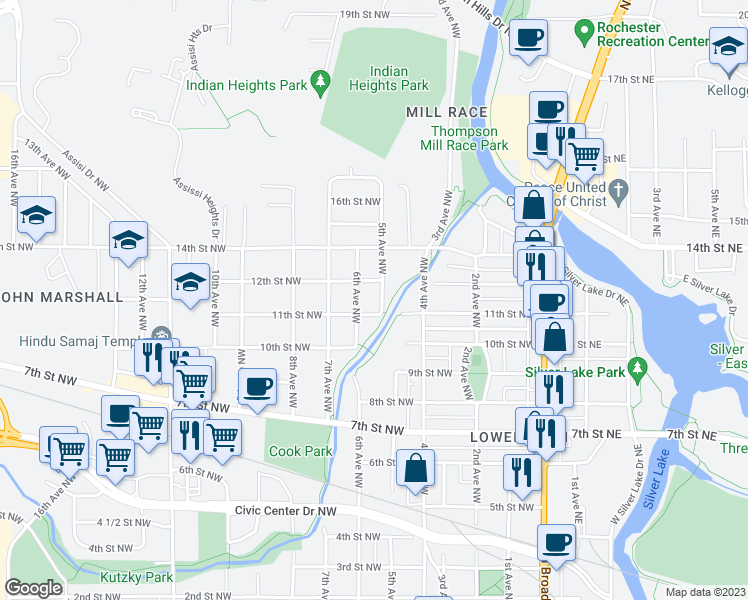 map of restaurants, bars, coffee shops, grocery stores, and more near 1111 5th Avenue Northwest in Rochester